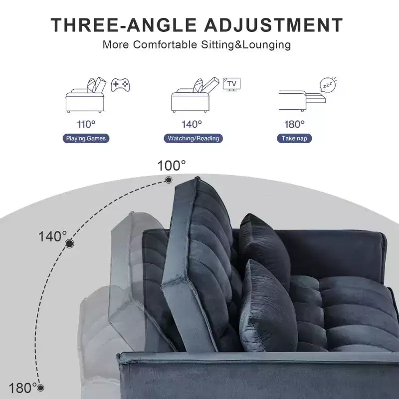Divano letto matrimoniale convertibile 3 in 1 in velluto grigio cemento con cuscini e tasche, divano letto moderno estraibile, schienale regolabile