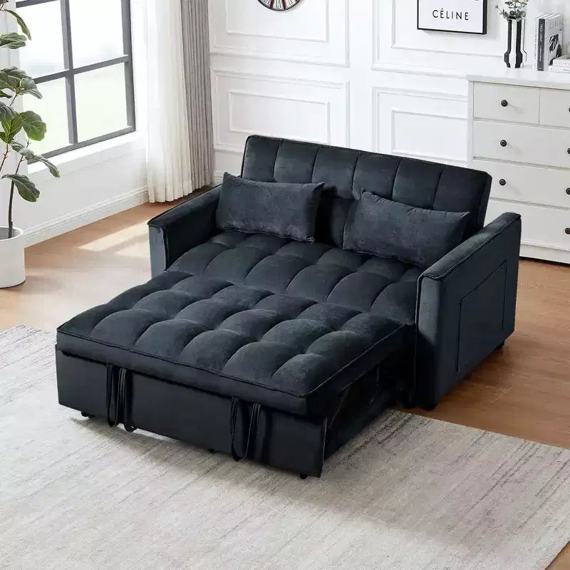 Divano letto matrimoniale convertibile 3 in 1 in velluto grigio cemento con cuscini e tasche, divano letto moderno estraibile, schienale regolabile