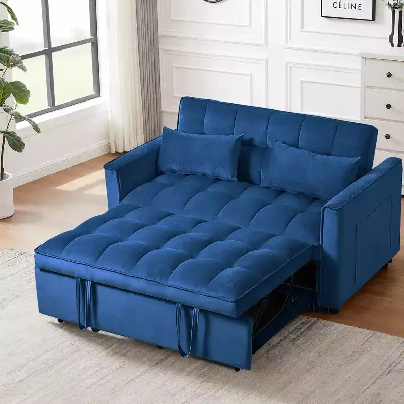 Divano letto matrimoniale convertibile 3 in 1 in velluto grigio cemento con cuscini e tasche, divano letto moderno estraibile, schienale regolabile