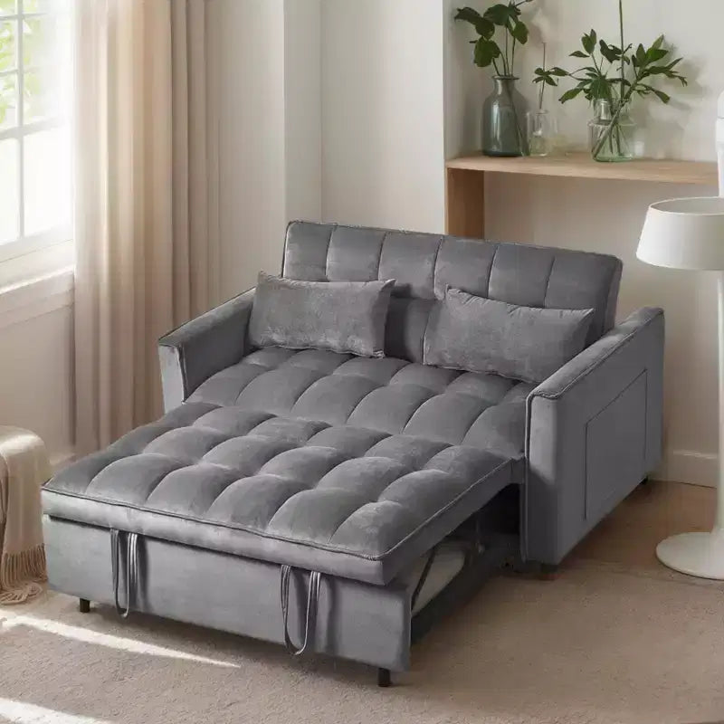Divano letto matrimoniale convertibile 3 in 1 in velluto grigio cemento con cuscini e tasche, divano letto moderno estraibile, schienale regolabile