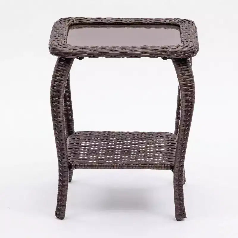 Outdoor Two-Tier Wicker Side TablePatio Glass Top End Table