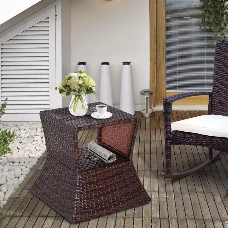 Tavolino Laterale a 2 Livelli in Rattan PE per Tutte le Stagioni per Patio e Interni
