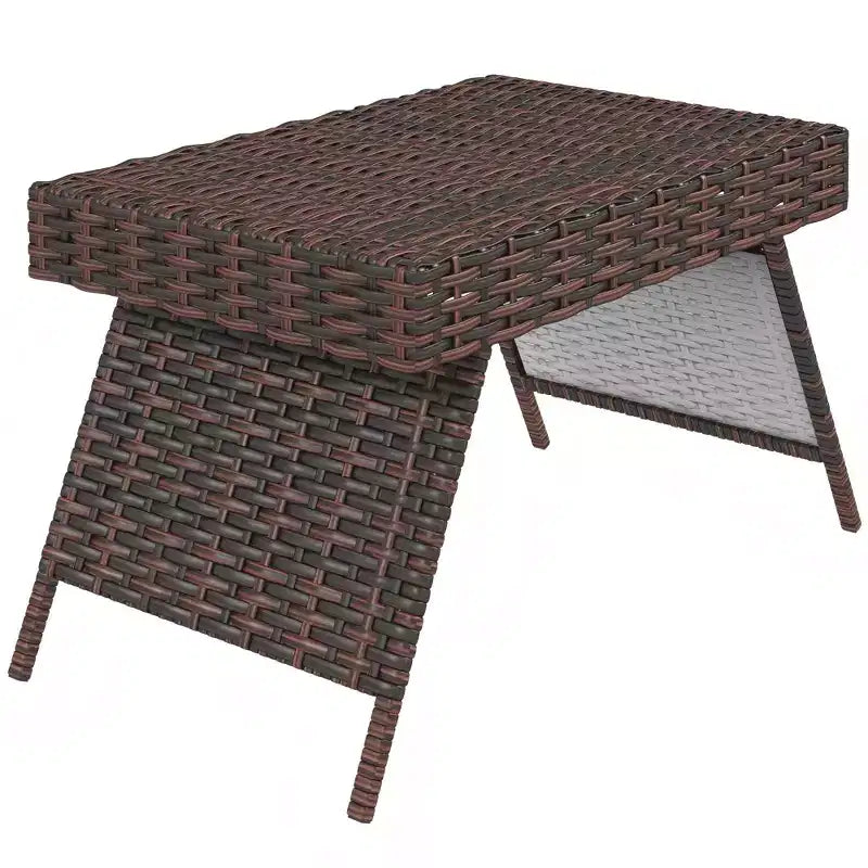 Folding PE Wicker Side Table, Handwoven Weather-Resistant Indoor Outdoor Accent Table, 66 lb Capacity