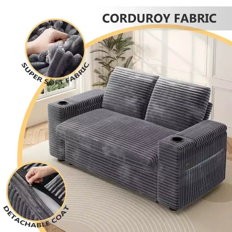 Canapé-lit Dyonery 65 en velours côtelé avec lit gigogne, dossier inclinable, accoudoirs de rangement et ports USB