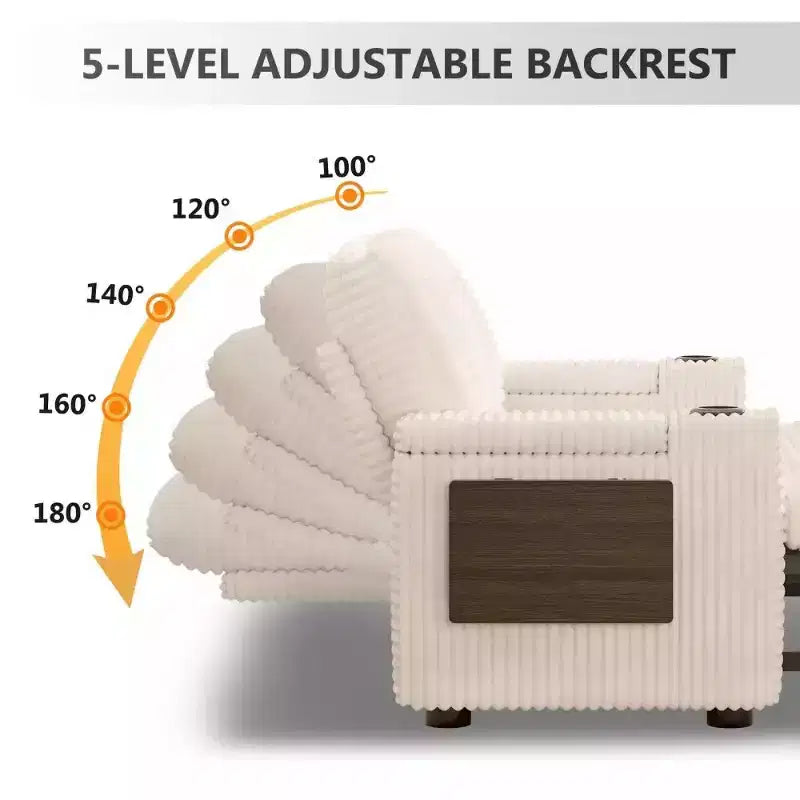 Canapé-lit Dyonery 65 en velours côtelé avec lit gigogne, dossier inclinable, accoudoirs de rangement et ports USB