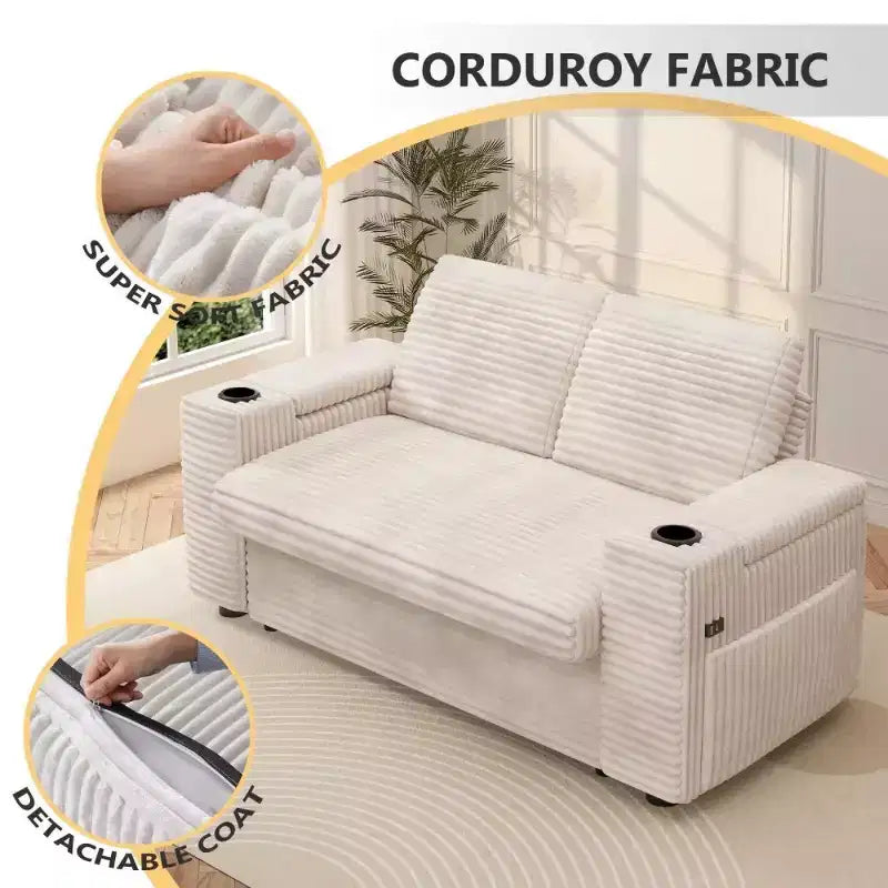 Dyonery 65 Divanetto Letto in Velluto a Coste con Letto Estraibile Schienale Reclinabile Braccioli Contenitore Porte USB