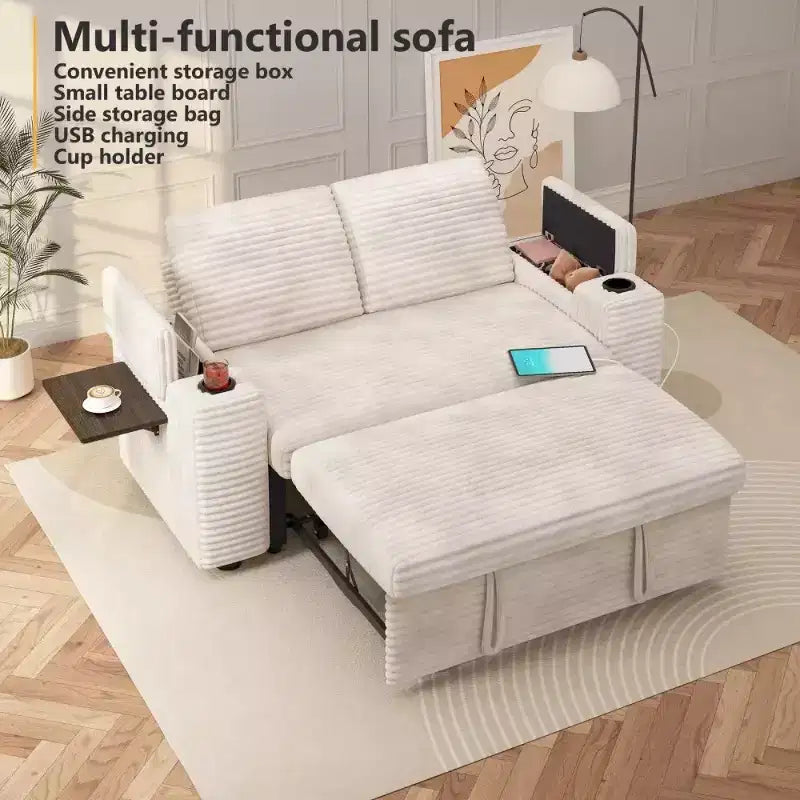 Canapé-lit Dyonery 65 en velours côtelé avec lit gigogne, dossier inclinable, accoudoirs de rangement et ports USB