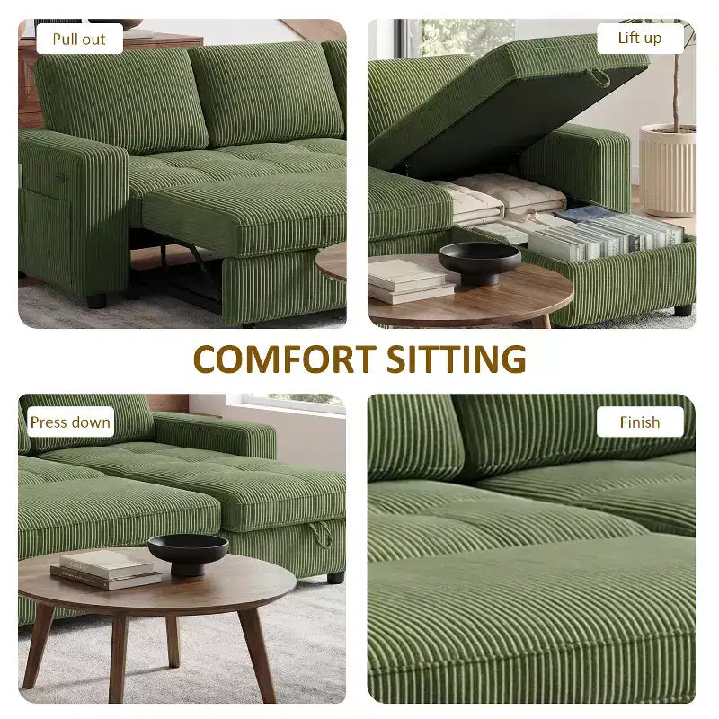 Dyonery Divano Letto Reclinabile, Chaise Longue con Contenitore, Tasche Laterali, Porte USB, in Velluto a Coste