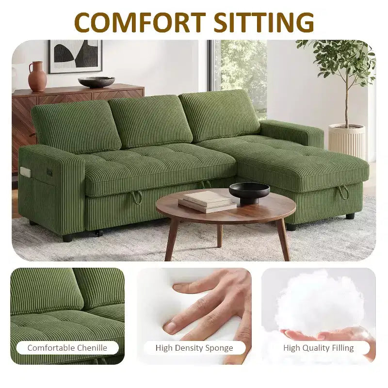 Dyonery Divano Letto Reclinabile, Chaise Longue con Contenitore, Tasche Laterali, Porte USB, in Velluto a Coste