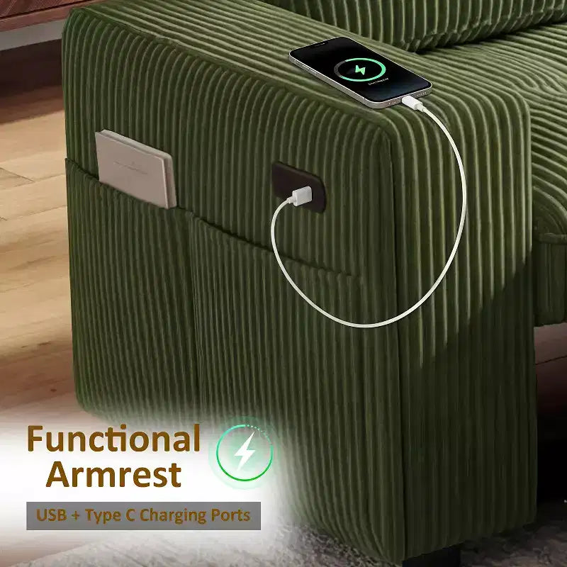 Dyonery Divano Letto Reclinabile, Chaise Longue con Contenitore, Tasche Laterali, Porte USB, in Velluto a Coste