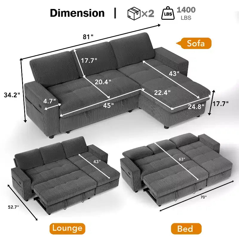 Dyonery Divano Letto Reclinabile, Chaise Longue con Contenitore, Tasche Laterali, Porte USB, in Velluto a Coste