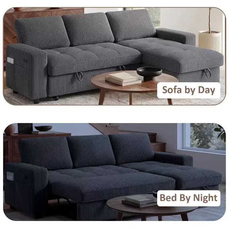 Dyonery Divano Letto Reclinabile, Chaise Longue con Contenitore, Tasche Laterali, Porte USB, in Velluto a Coste