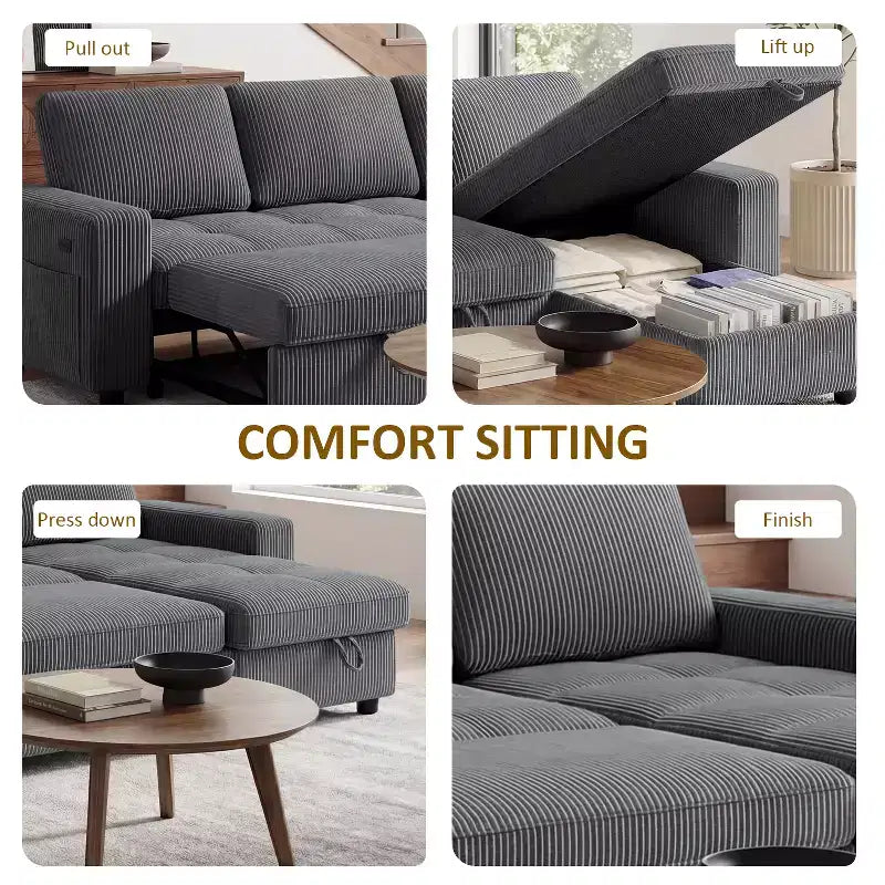 Dyonery Divano Letto Reclinabile, Chaise Longue con Contenitore, Tasche Laterali, Porte USB, in Velluto a Coste