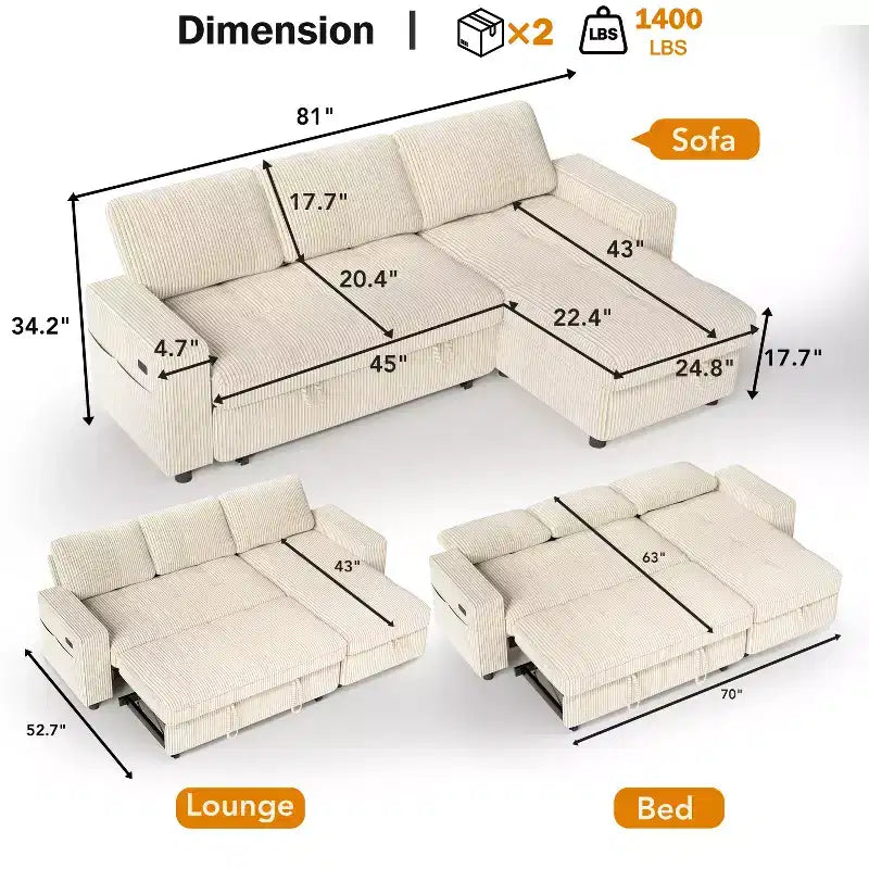Dyonery Divano Letto Reclinabile, Chaise Longue con Contenitore, Tasche Laterali, Porte USB, in Velluto a Coste
