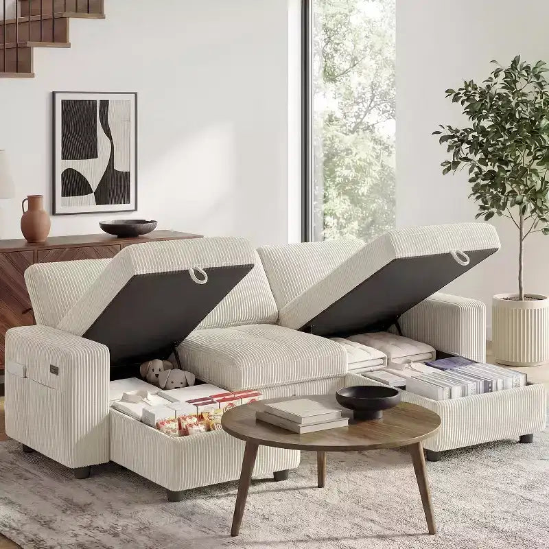 Dyonery Divano Letto Reclinabile, Chaise Longue con Contenitore, Tasche Laterali, Porte USB, in Velluto a Coste