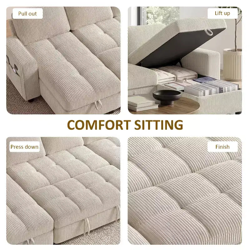 Dyonery Divano Letto Reclinabile, Chaise Longue con Contenitore, Tasche Laterali, Porte USB, in Velluto a Coste