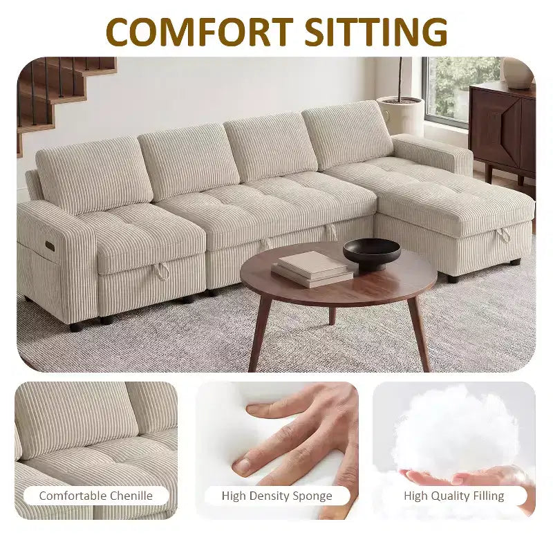 Dyonery Divano Letto Reclinabile, Chaise Longue con Contenitore, Tasche Laterali, Porte USB, in Velluto a Coste