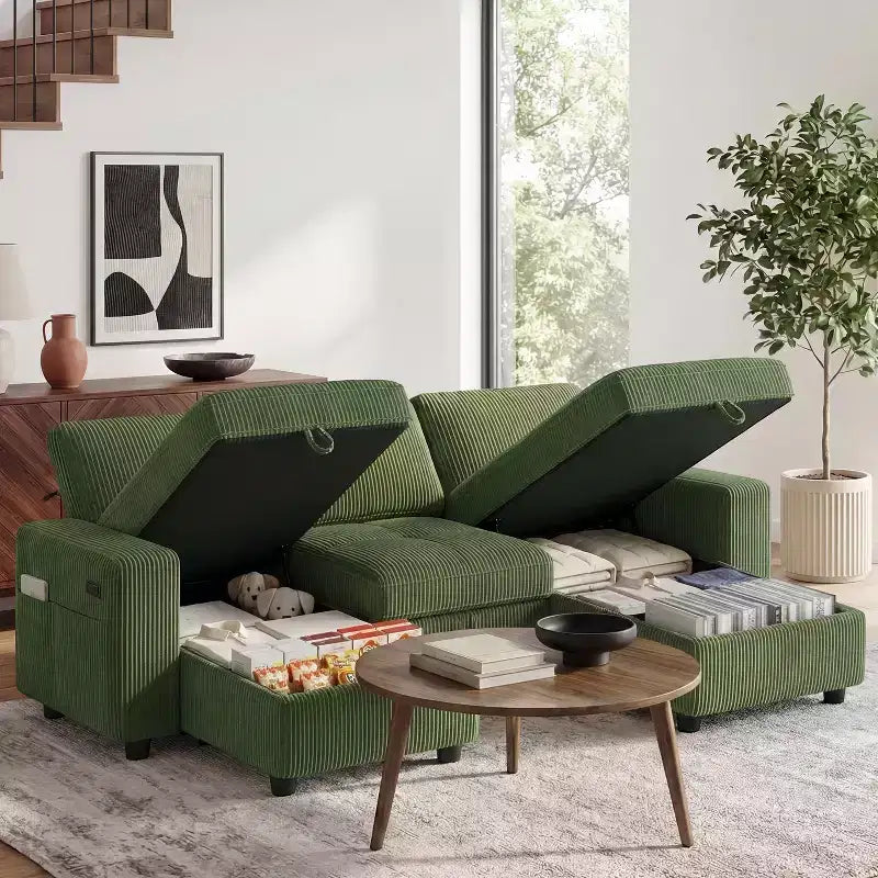Dyonery Divano Letto Reclinabile, Chaise Longue con Contenitore, Tasche Laterali, Porte USB, in Velluto a Coste