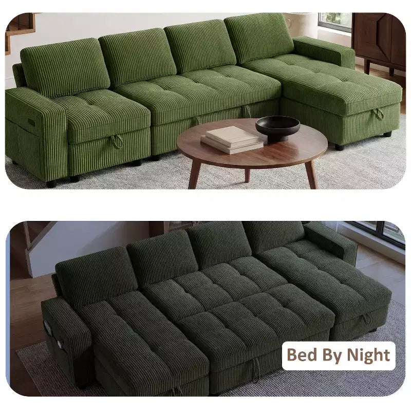 Dyonery Divano Letto Reclinabile, Chaise Longue con Contenitore, Tasche Laterali, Porte USB, in Velluto a Coste