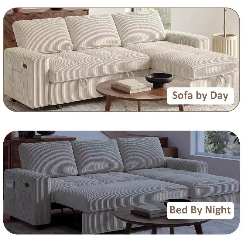 Dyonery Divano Letto Reclinabile, Chaise Longue con Contenitore, Tasche Laterali, Porte USB, in Velluto a Coste