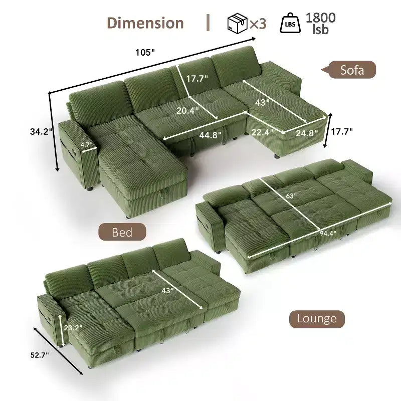 Dyonery Divano Letto Reclinabile, Chaise Longue con Contenitore, Tasche Laterali, Porte USB, in Velluto a Coste