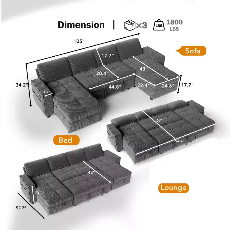 Dyonery Divano Letto Reclinabile, Chaise Longue con Contenitore, Tasche Laterali, Porte USB, in Velluto a Coste