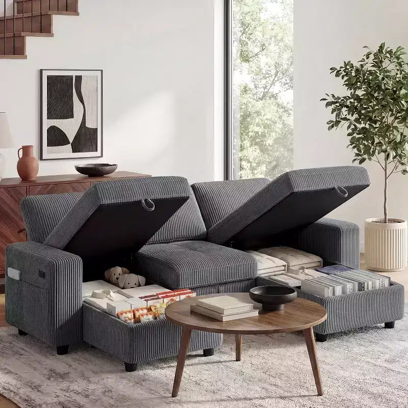 Dyonery Divano Letto Reclinabile, Chaise Longue con Contenitore, Tasche Laterali, Porte USB, in Velluto a Coste