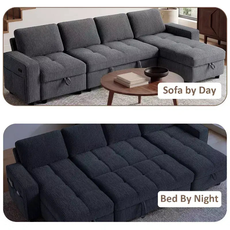 Dyonery Divano Letto Reclinabile, Chaise Longue con Contenitore, Tasche Laterali, Porte USB, in Velluto a Coste