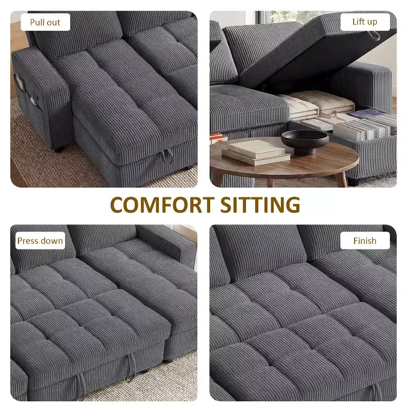 Dyonery Divano Letto Reclinabile, Chaise Longue con Contenitore, Tasche Laterali, Porte USB, in Velluto a Coste
