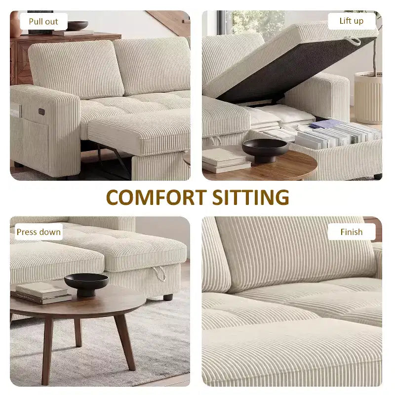 Dyonery Divano Letto Reclinabile, Chaise Longue con Contenitore, Tasche Laterali, Porte USB, in Velluto a Coste