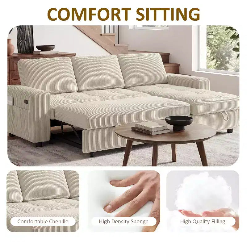 Dyonery Divano Letto Reclinabile, Chaise Longue con Contenitore, Tasche Laterali, Porte USB, in Velluto a Coste
