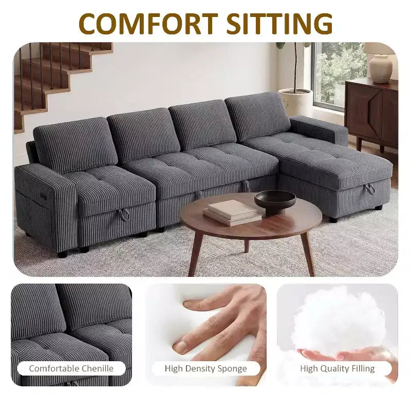 Dyonery Divano Letto Reclinabile, Chaise Longue con Contenitore, Tasche Laterali, Porte USB, in Velluto a Coste