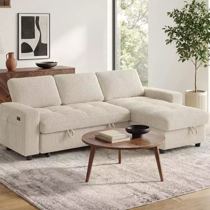 Dyonery Sofa Bed Reclining Backrest, Storage Chaise Side storage bag  USB Ports, corduroy