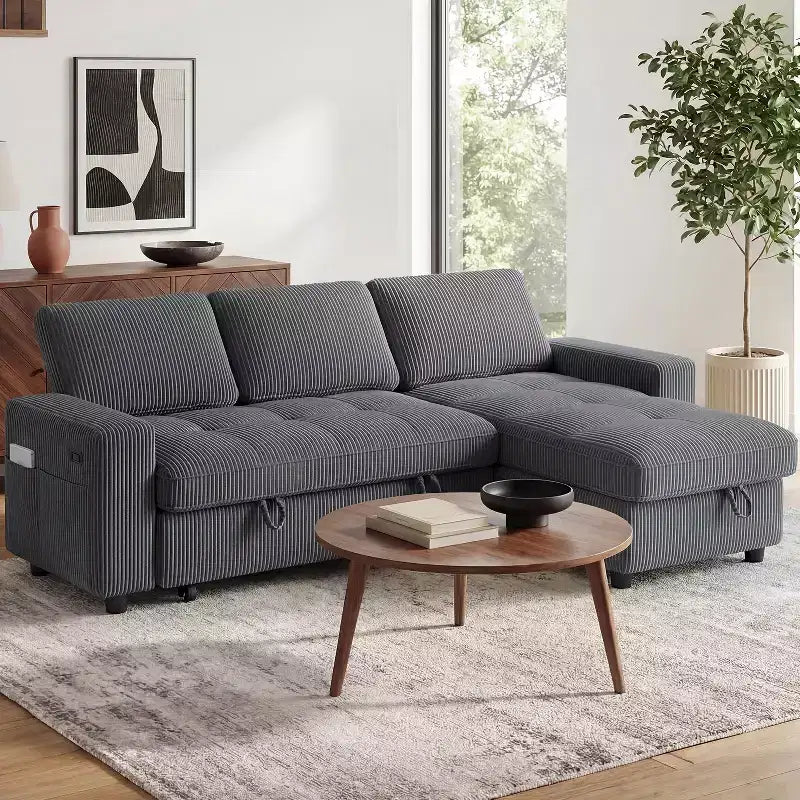 Dyonery Divano Letto Reclinabile, Chaise Longue con Contenitore, Tasche Laterali, Porte USB, in Velluto a Coste