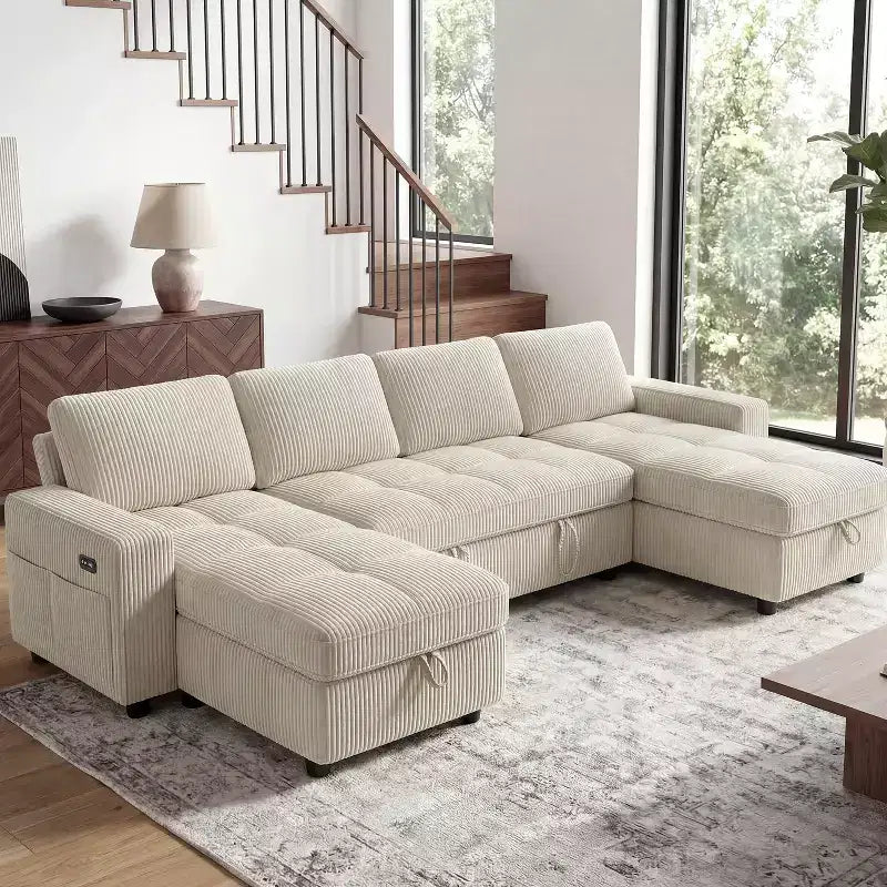 Dyonery Divano Letto Reclinabile, Chaise Longue con Contenitore, Tasche Laterali, Porte USB, in Velluto a Coste