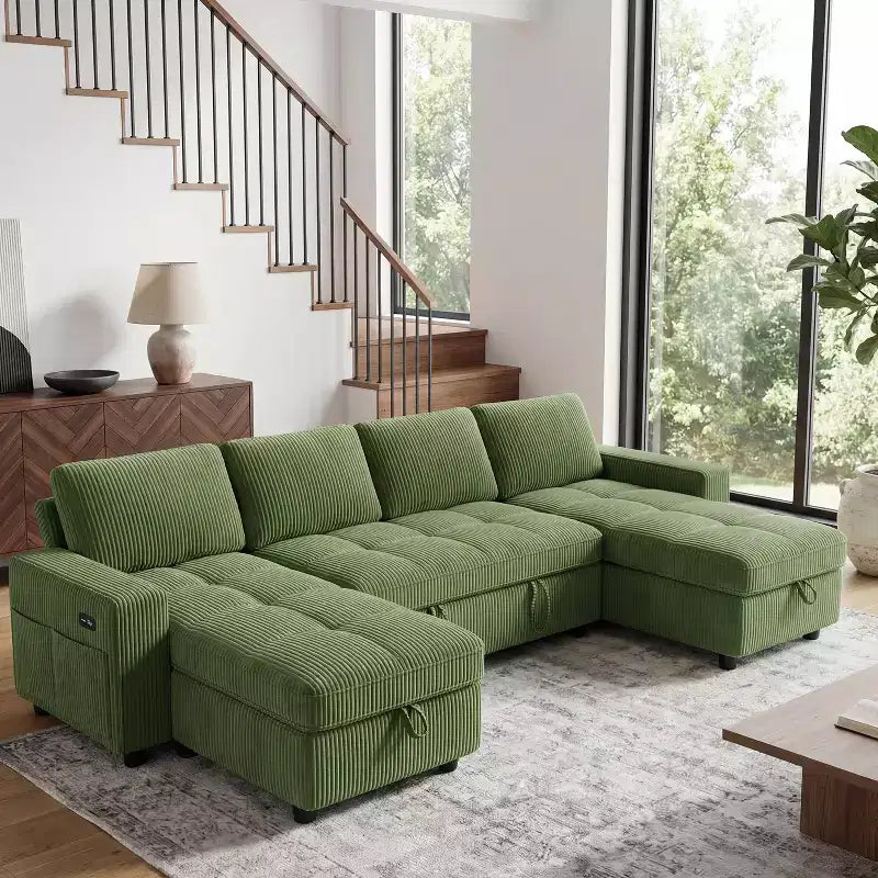 Dyonery Divano Letto Reclinabile, Chaise Longue con Contenitore, Tasche Laterali, Porte USB, in Velluto a Coste