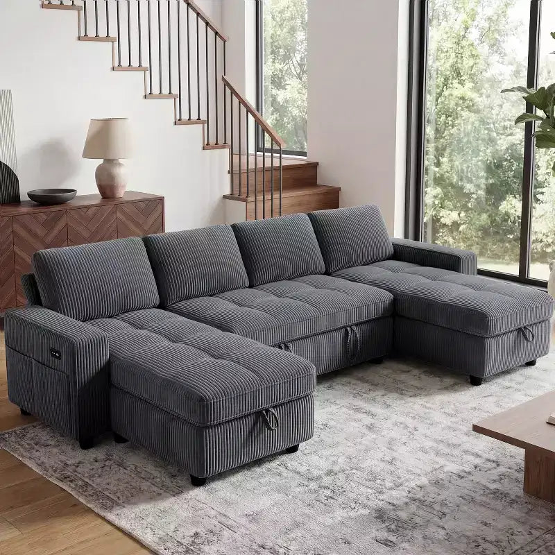 Dyonery Divano Letto Reclinabile, Chaise Longue con Contenitore, Tasche Laterali, Porte USB, in Velluto a Coste