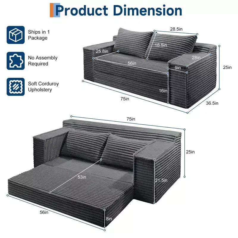Divano Letto Convertibile, Divano da Pavimento Pieghevole in Corduroy con Supporto a Forma Fissa per Soggiorno, Camera da Letto, Studio - Grigio