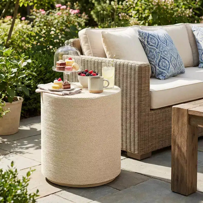 Christopher Knight Home Fajar Modern Patio Lightweight Concrete Cylindrical Side Table with Simulated Rattan Design