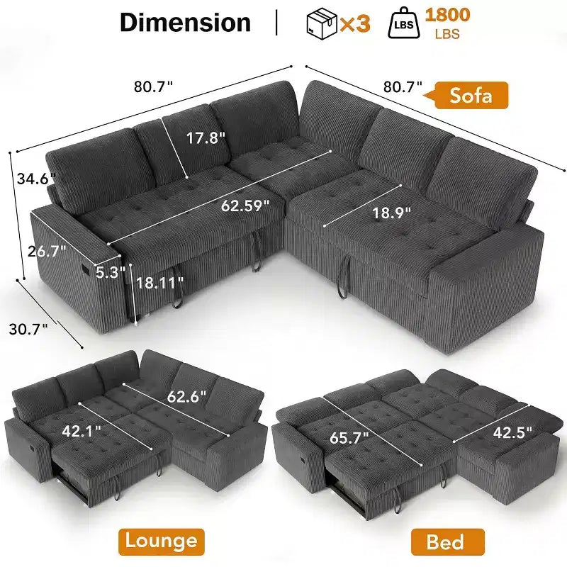 Dyonery divano a combinazione da 203 cm a 5 posti, con schienale regolabile e spazio contenitore, nessun montaggio richiesto - in velluto a coste