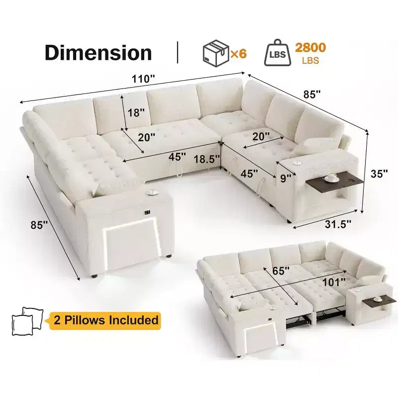 Dyonery 110-inch U-shaped sofa, pull-out bed, 8-seater sofa, with two cup holders, small table, no tools required for installationchenille