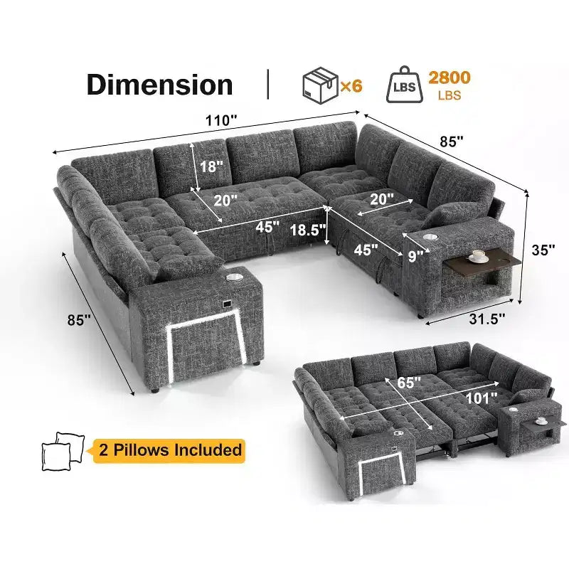 Divano a U Dyonery da 110 pollici, divano letto estraibile a 8 posti, con due portabicchieri, tavolino, installazione senza attrezzi, chenille