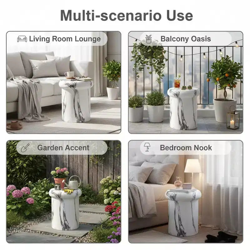 Tavolino rotondo da esterno e interno ModernLuxe, tavolino decorativo in MGO resistente alle intemperie, porta piante da giardino, nessun montaggio