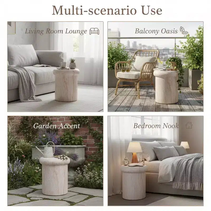 Tavolino rotondo da esterno e interno ModernLuxe, tavolino decorativo in MGO resistente alle intemperie, porta piante da giardino, nessun montaggio