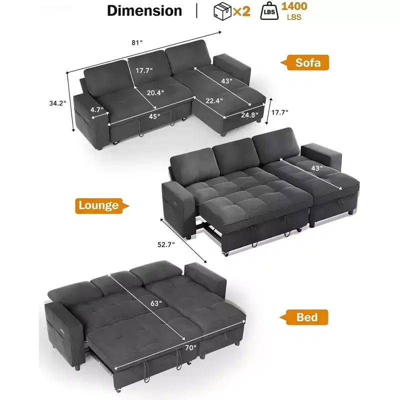Divano componibile Dyonery Sleeper con letto estraibile, chaise longue contenitore, schienale regolabile e USB, ciniglia