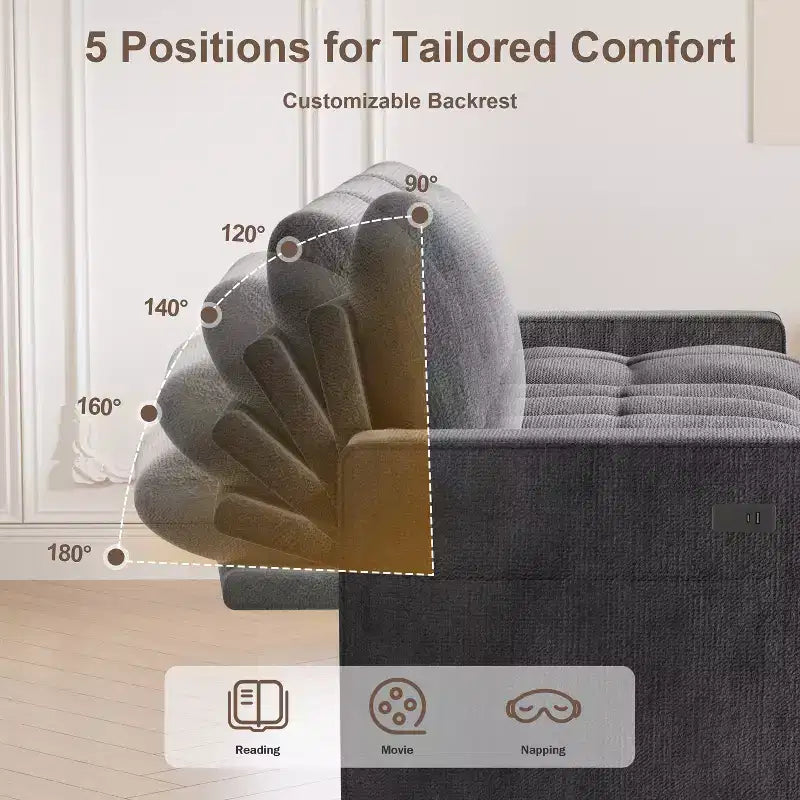 Divano componibile Dyonery Sleeper con letto estraibile, chaise longue contenitore, schienale regolabile e USB, ciniglia