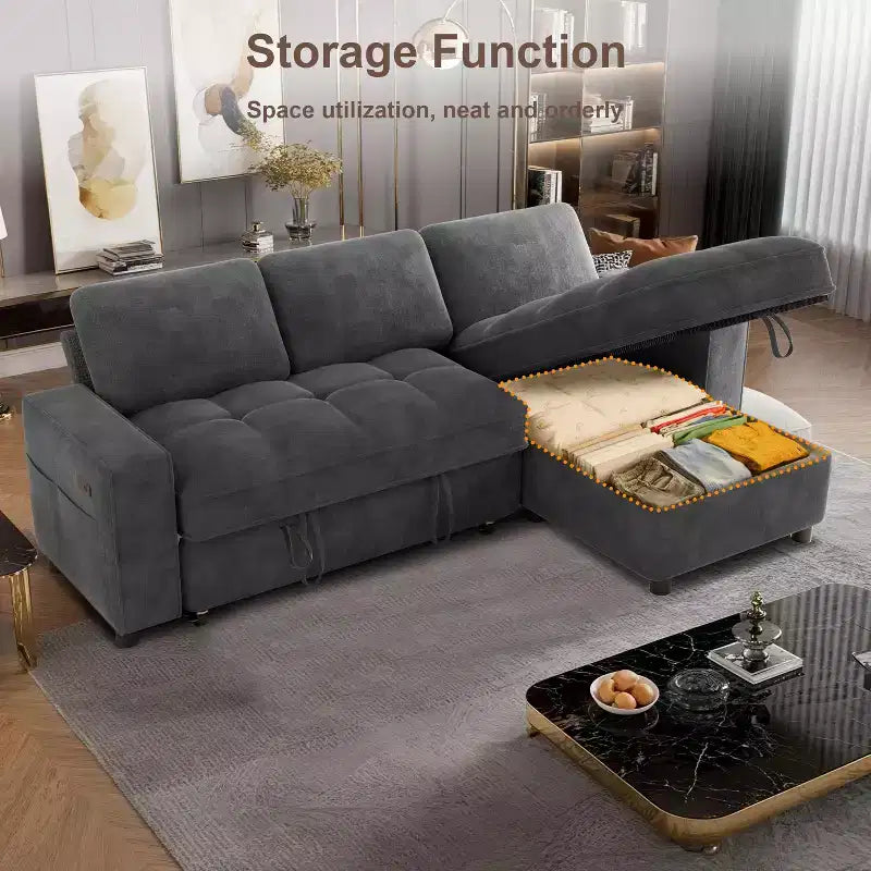 Divano componibile Dyonery Sleeper con letto estraibile, chaise longue contenitore, schienale regolabile e USB, ciniglia