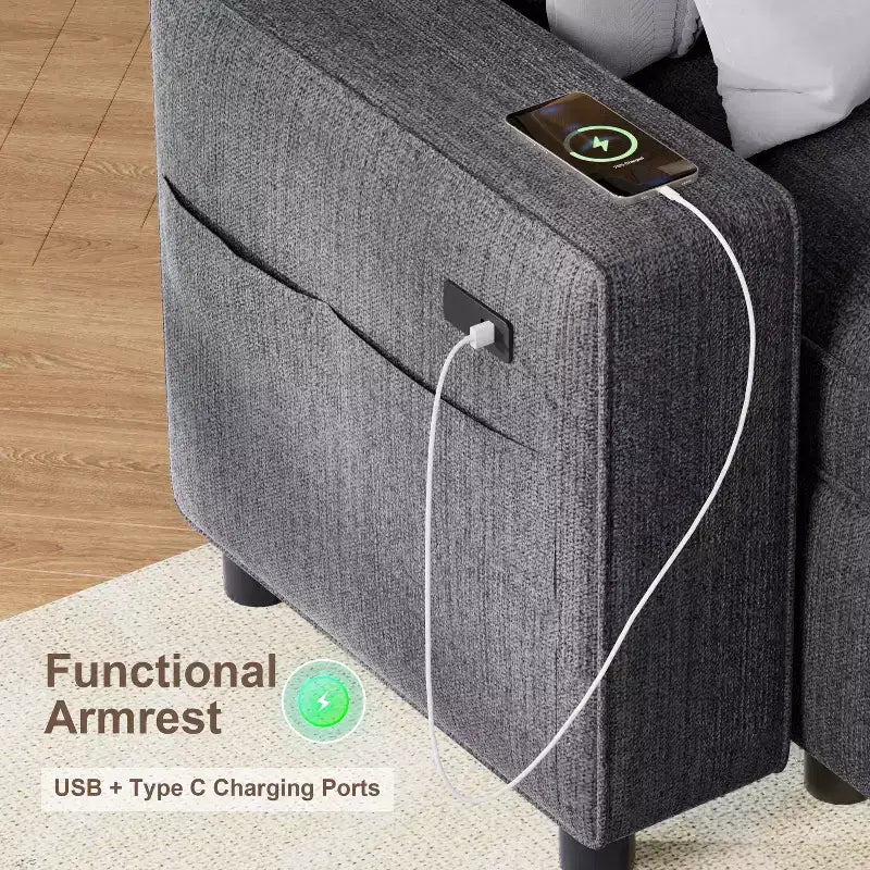 Divano componibile Dyonery Sleeper con letto estraibile, chaise longue contenitore, schienale regolabile e USB, ciniglia