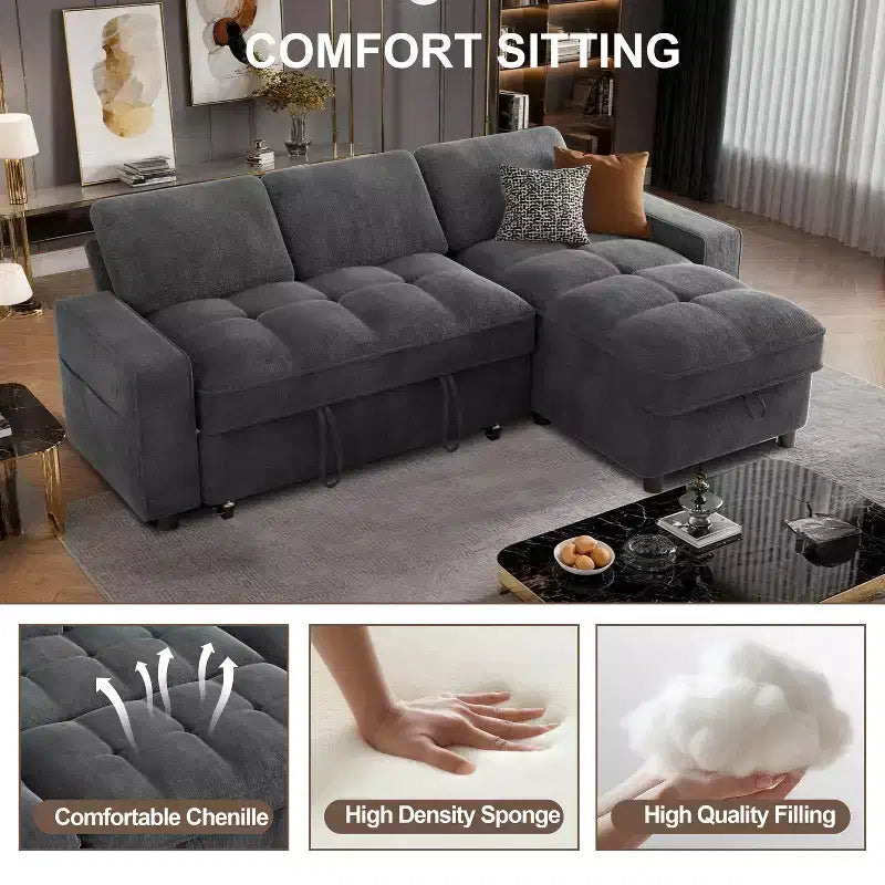 Divano componibile Dyonery Sleeper con letto estraibile, chaise longue contenitore, schienale regolabile e USB, ciniglia