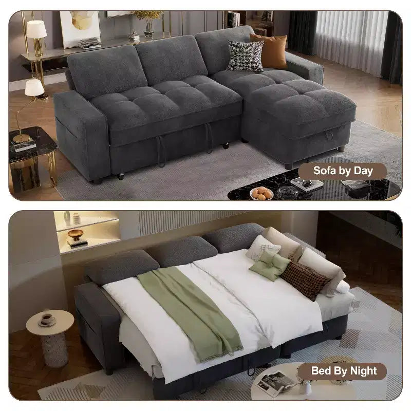 Divano componibile Dyonery Sleeper con letto estraibile, chaise longue contenitore, schienale regolabile e USB, ciniglia